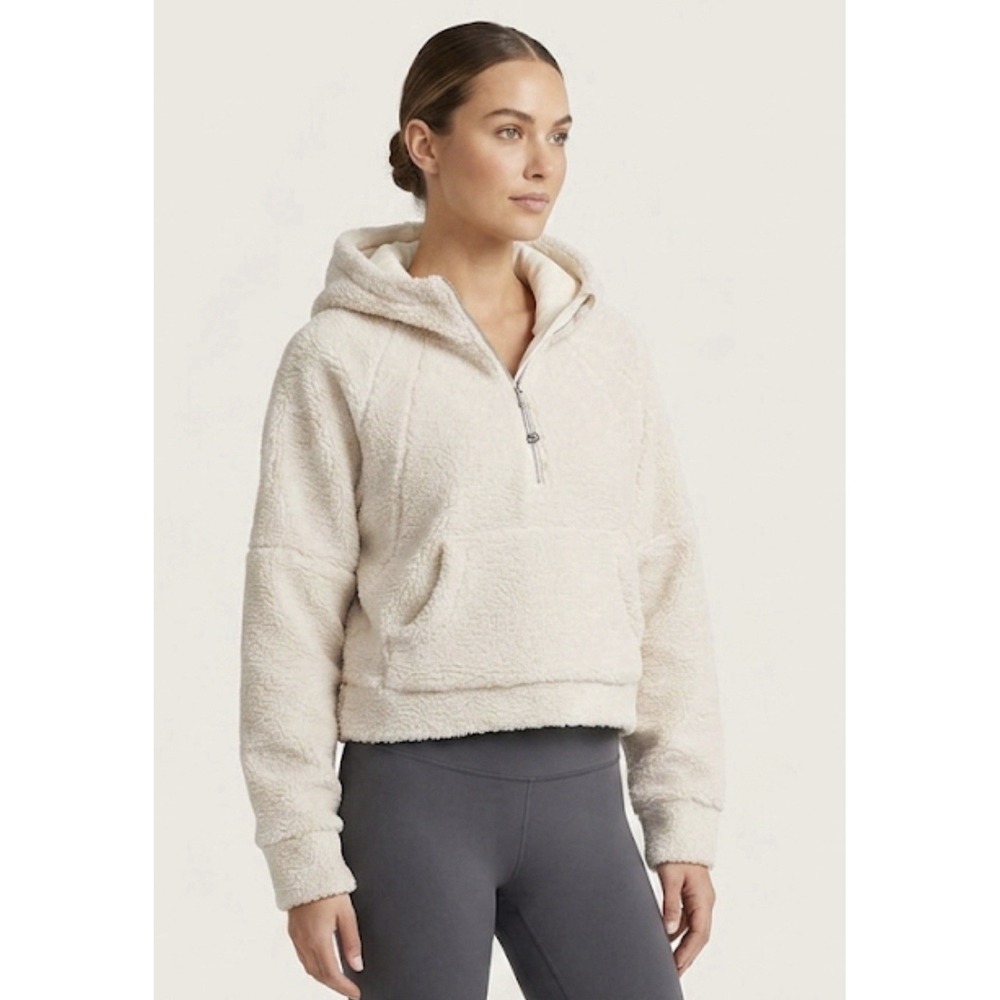 Lululemon Hoodie Women White Sz M/L Scuba Sherpa 1/2Zip Kangaroo Pocket Cropped